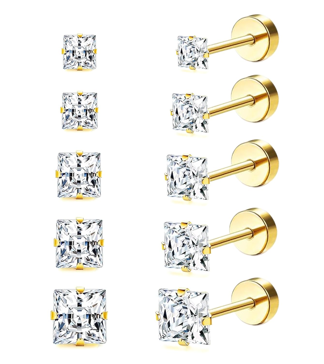 Princess Cut Square CZ Stud Earrings Flat Back, Screw Back Small Gold Clear Cubic Zirconia Studs Earrings Set for Women Men, Pack of 5 Pairs (3-4-5-6-7mm)