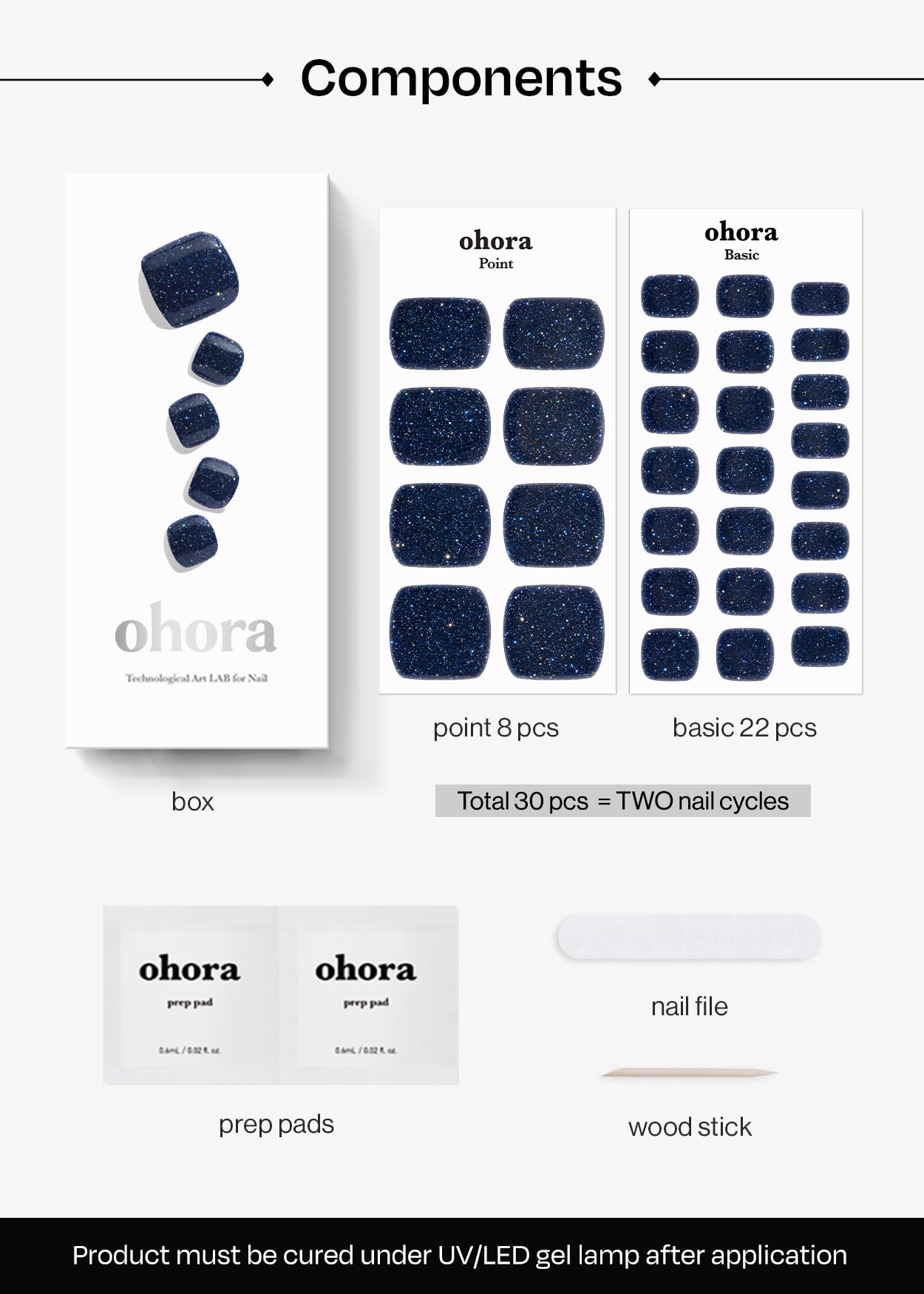 ohora Semi Cured Gel Pedi Strips (P Starry Night) - Red, Solid, Works with Any UV/LED Nail Lamps, Salon-Quality, Long Lasting, Easy to Apply & Remove - Includes 2 Prep Pads, Nail File & Wooden Stick