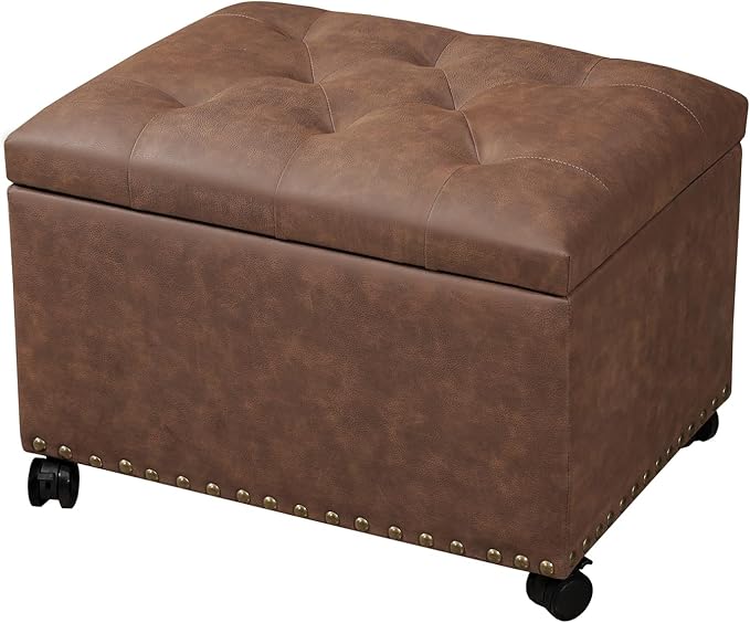 Joveco Leather Storage Ottoman with 360° Caster Wheels 24" Foot Rest Bench Rectangle Ottomans