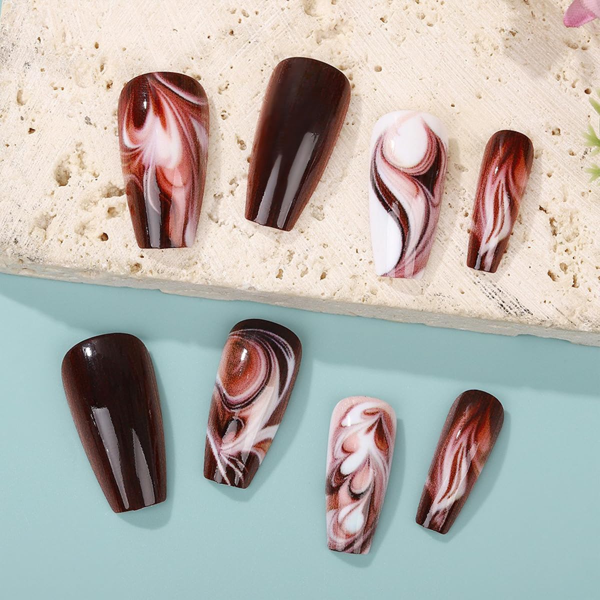 Brown Marble Press On Nails Medium Length Fake Nails Coffin Shaped Glue On Nails With Coffee Designs Glossy Acrylic Artificial Nail Reusable False Nails For Women Girls 24pcs