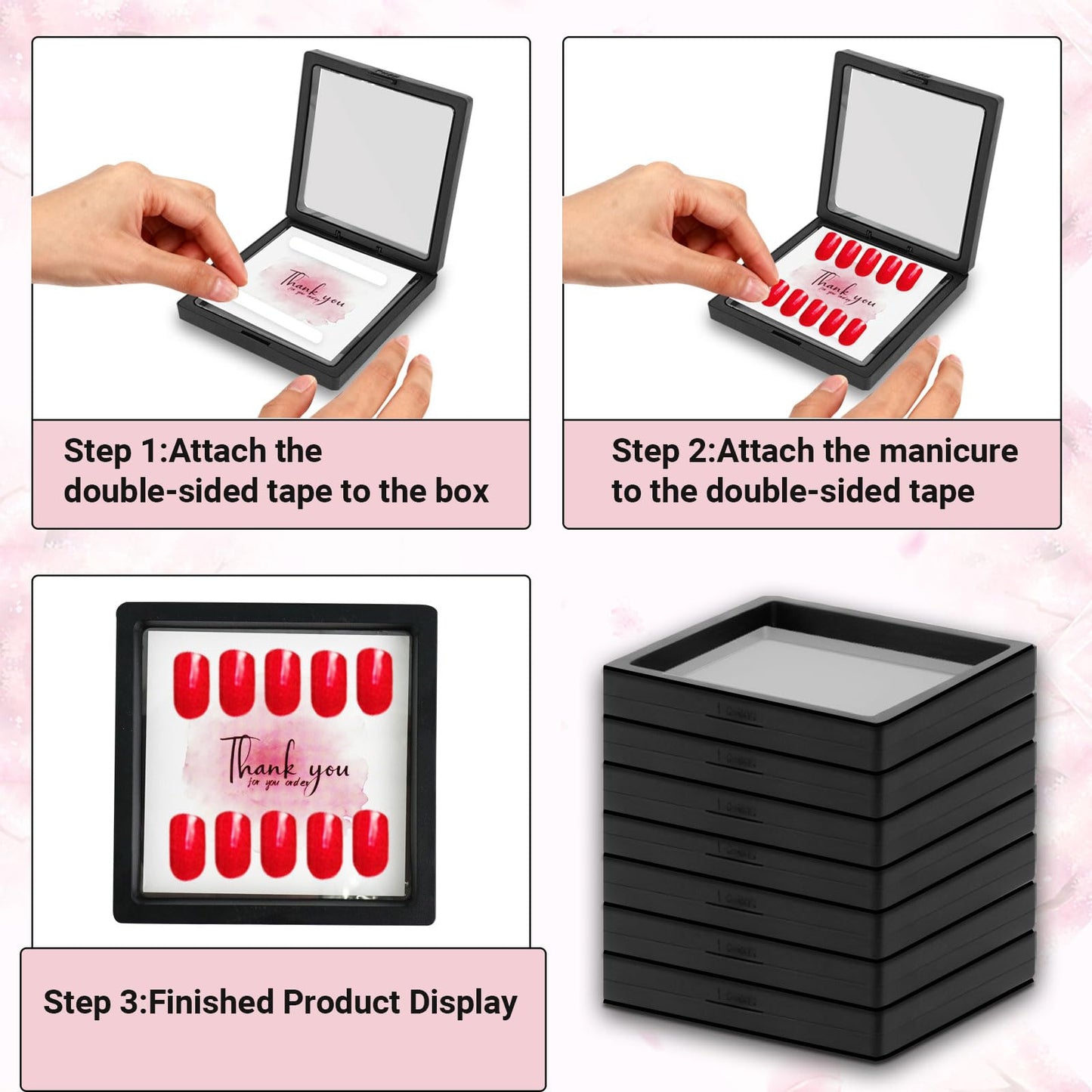 PEDOBALI 32 Pcs Press On Nail Packaging Box with 120 Pcs Adhesive Double Sided Tape, Black Artificial Nail Display Case, Earrings Storage Organizer, for Birthdays, Christmas Gift
