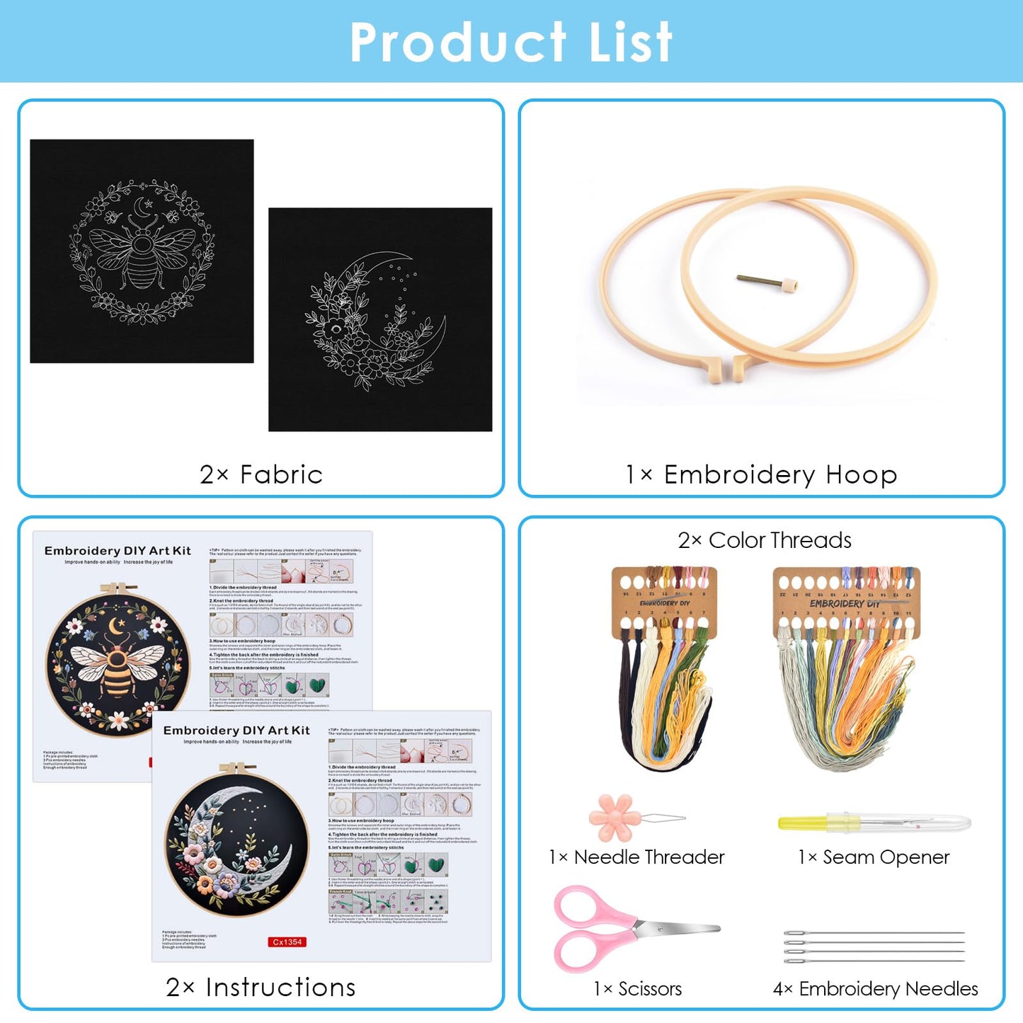 ERKOON Embroidery Kit for Beginners, 2 Set Flower Cross Stitch Set Include Embroidery Cloth Hoops Threads for Craft Lover Hand Stitch with Embroidery Skill Techniques (Bee Moon)