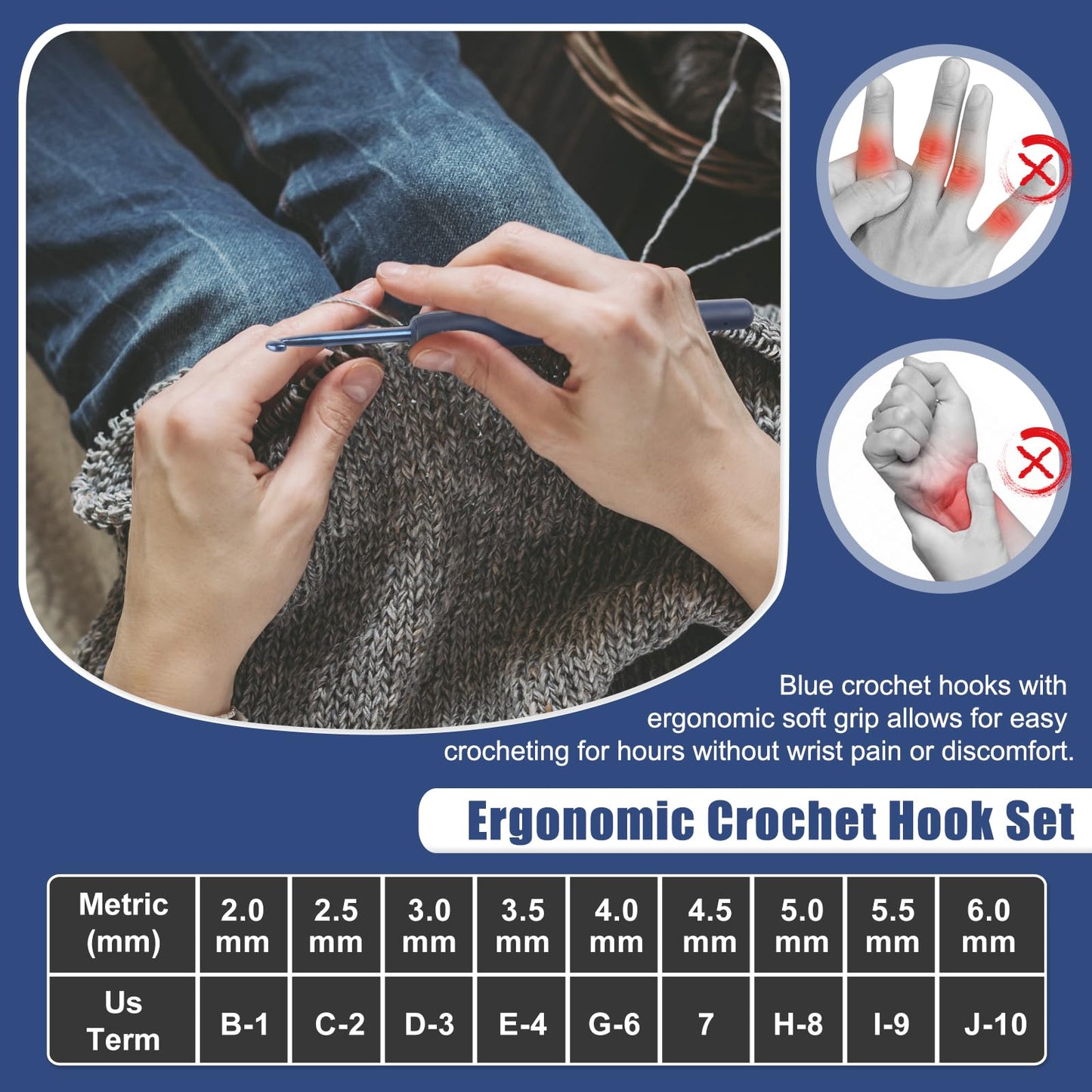 Coopay Dark Blue Crochet Hooks Ergonomic Soft Grips, 9PCS Crochet Set Aluminum Crochet Needle for Beginners/Professionals, Ergonomic Crochet Hook Set for Arthritic Hands, Ideal Crochet Accessories