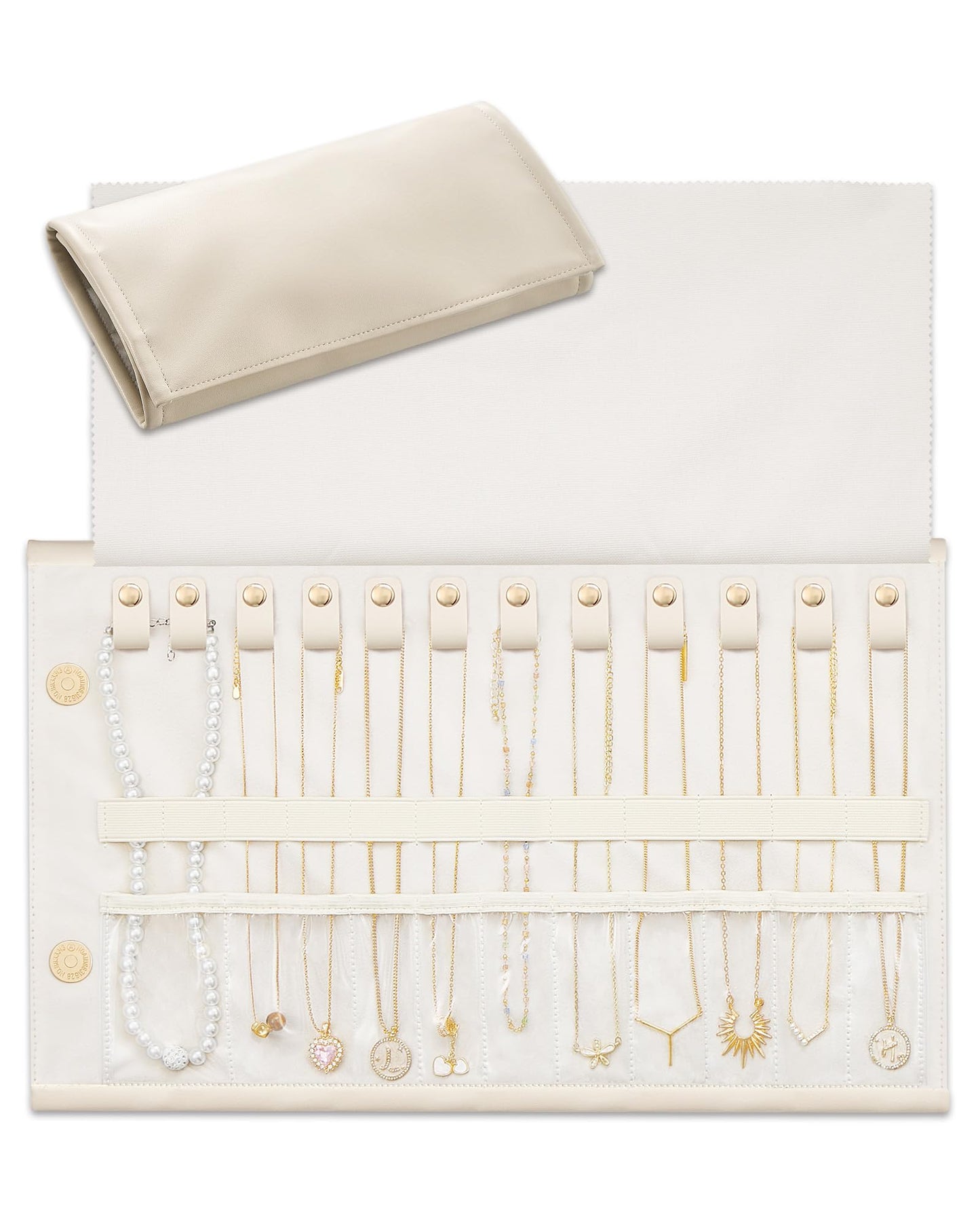 Lolalet Cream 2 Layer Jewelry Box Organizer with Drawers and Beige 12 Slots Travel Necklace Organizer Bundle, Jewelry Storage and Travel Solution