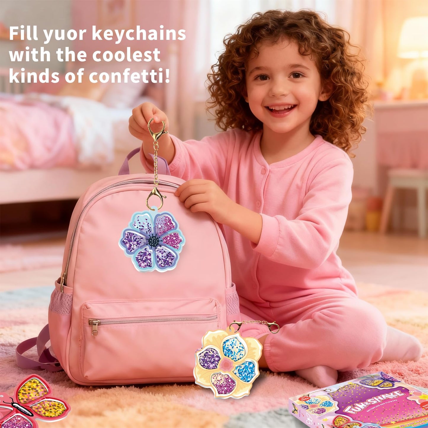 Artnedu Shake-its– Fun&Shake Kit de artesanato com Glitter para crianças, artes e artesanato DIY com chaveiros,Flowers & Butterflies,Creative Gift for Girls & Boys Ages 4, 5, 6, 7, 8, 9, 10