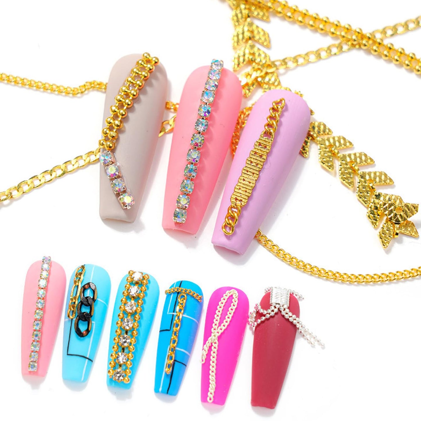 JERCLITY 2 Boxes - 36 Strips Multi-Color and Gold Metal 3D Nail Chains for Nail Art - Punk Nail Charms, Colorful Chains for Nails