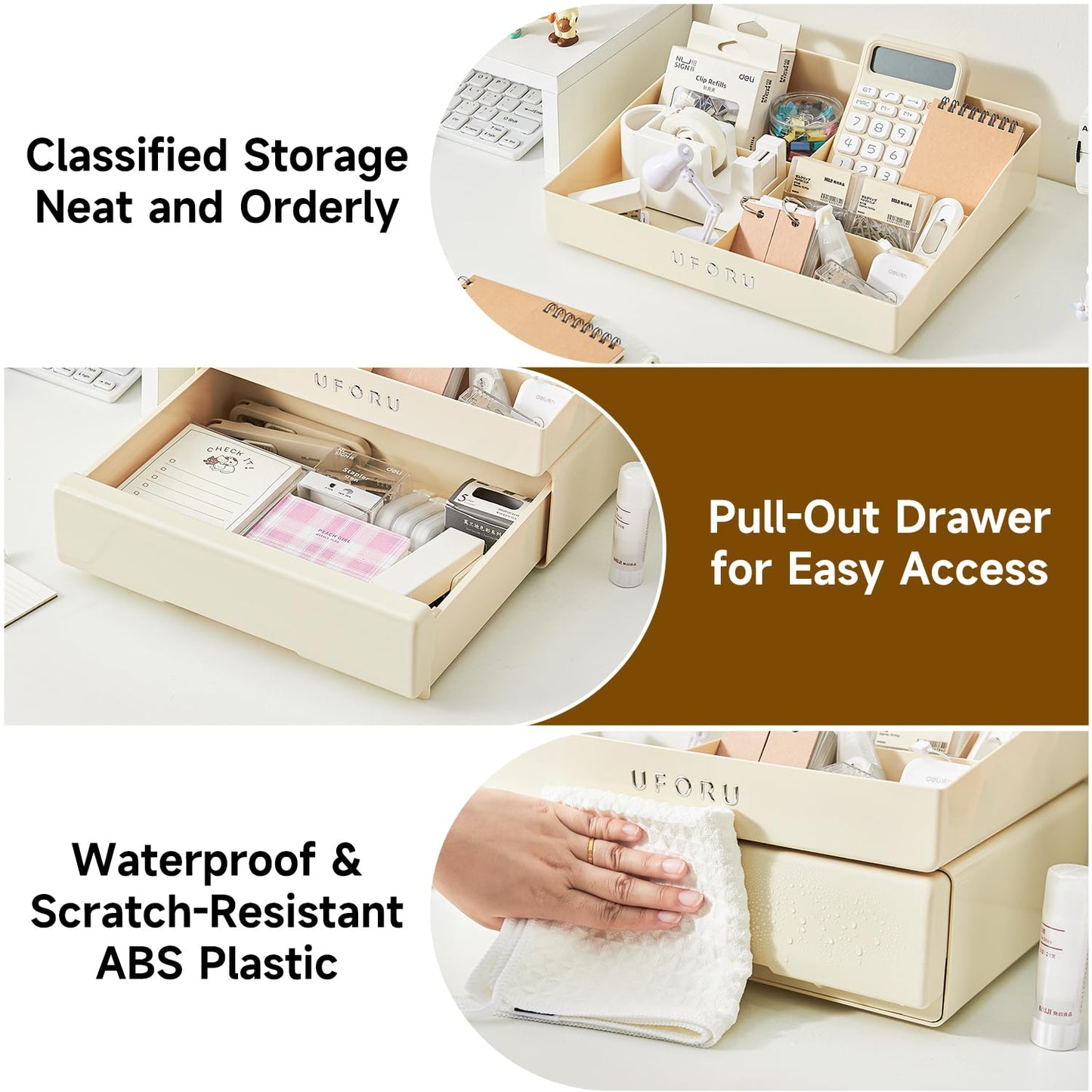 UFORU Desk Organizer with 6 Compartments, 2 Tier Stackable Storage Drawers Plastic Makeup Storage, Office Desk Storage Box, Stationary Sorting Helper