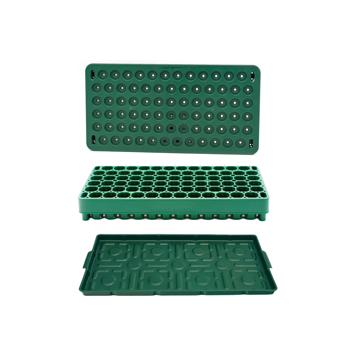 Vego garden Seedling Suite Products 10" x 20" 76 Cells Stackable Seed Starter Germination Tray with 3-in-1 Plant & Pop Board and 10" x 20" Bottom Watering Tray