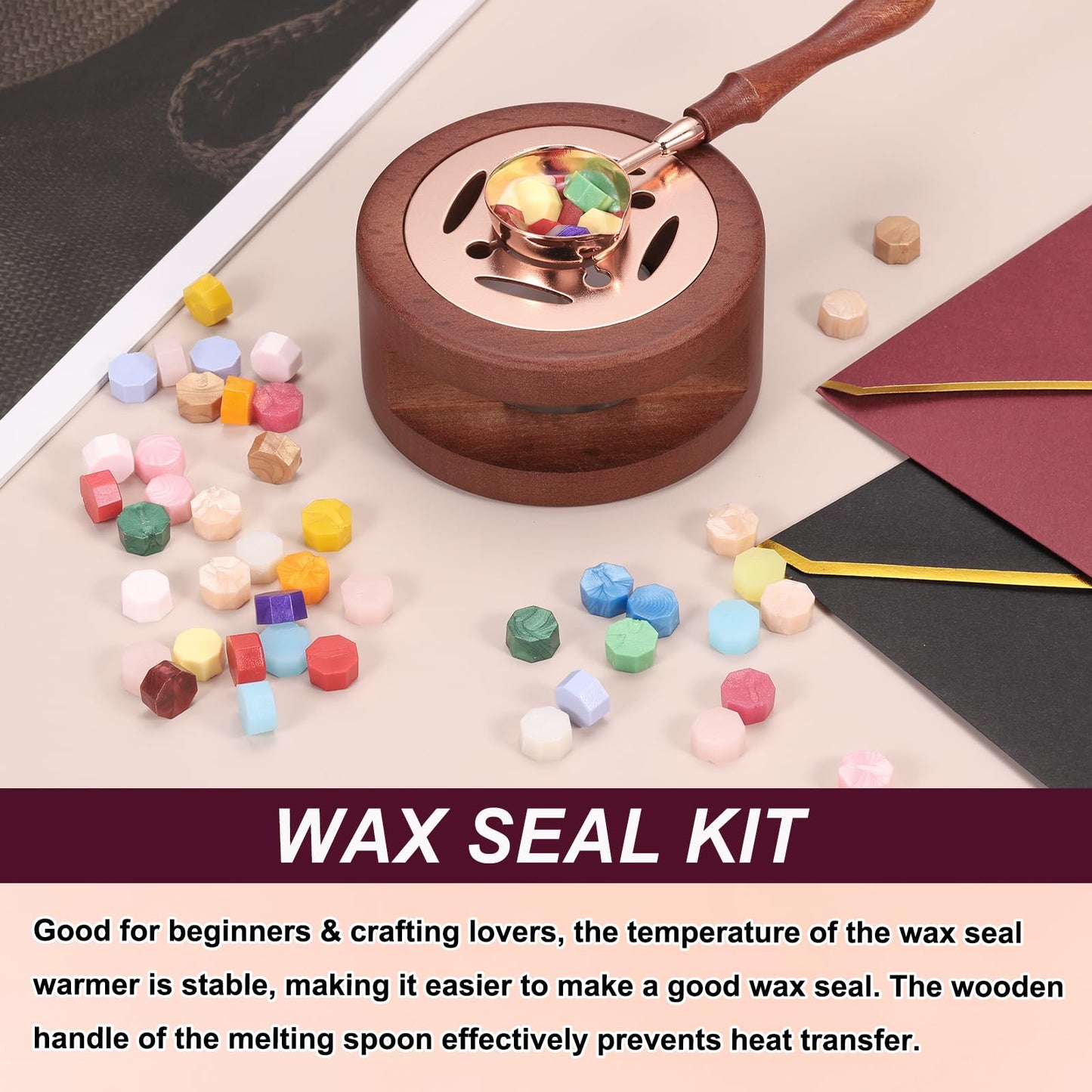 PATIKIL Wax Seal Kit, 300 Pcs Wax Sealing Beads, Wooden Warmer, Melted Spoon, 10 Pcs Tealight Candles for Envelope Letter Mailing Crafts DIY, Cherry Pink