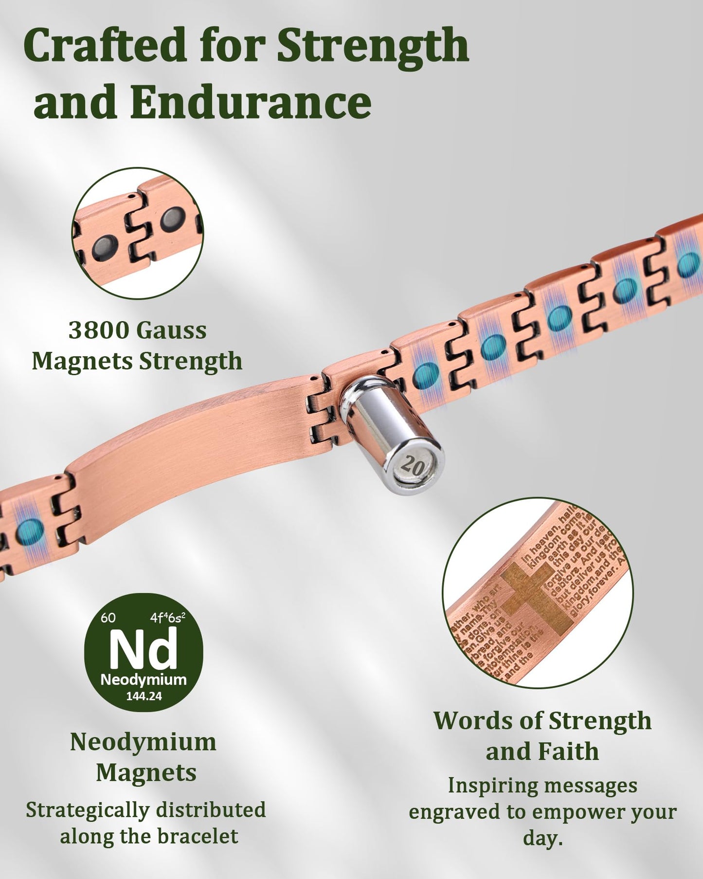 Fashtour Copper Cross Bracelet for Men, Ultra Strength Magnetic Jewelry, Rice-Ear Design Adjustable Copper Biblical Cross Bracelet with Sizing Tool & Box
