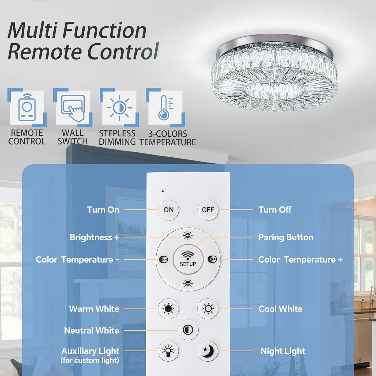 16.5 Inch Dimmable Chandelier with Remote Control LED Crystal Chandelier Modern Flush Mount Ceiling Light Fixtures for Living Room Bedroom Dining Room Entrance (dimmable-16.5")