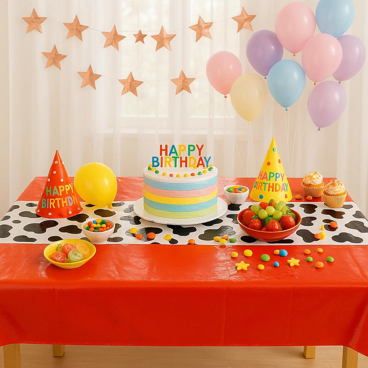 6 Pack 108 x 54 Inch Cow Print Tablecloth Cow Plastic Table Cover Birthday Party Table Cloth Disposable Plastic Farm Animal Party Cover for Disco Cowgirl Decorations Supplies Red
