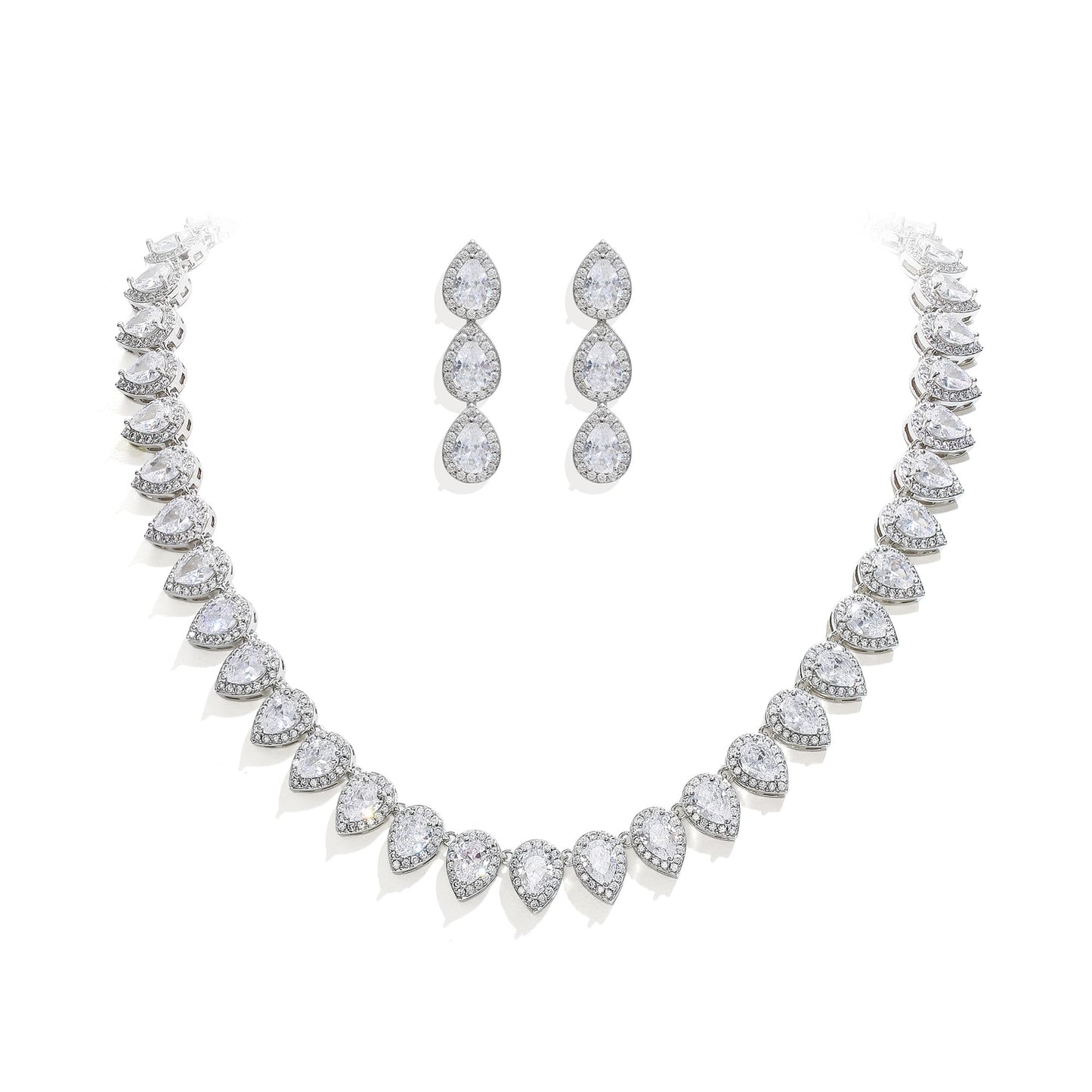 EleQueen Women's Wedding Bridal Full Prong Cubic Zirconia Teardrop Necklace Earrings Set for Brides Bridesmaids Clear Color