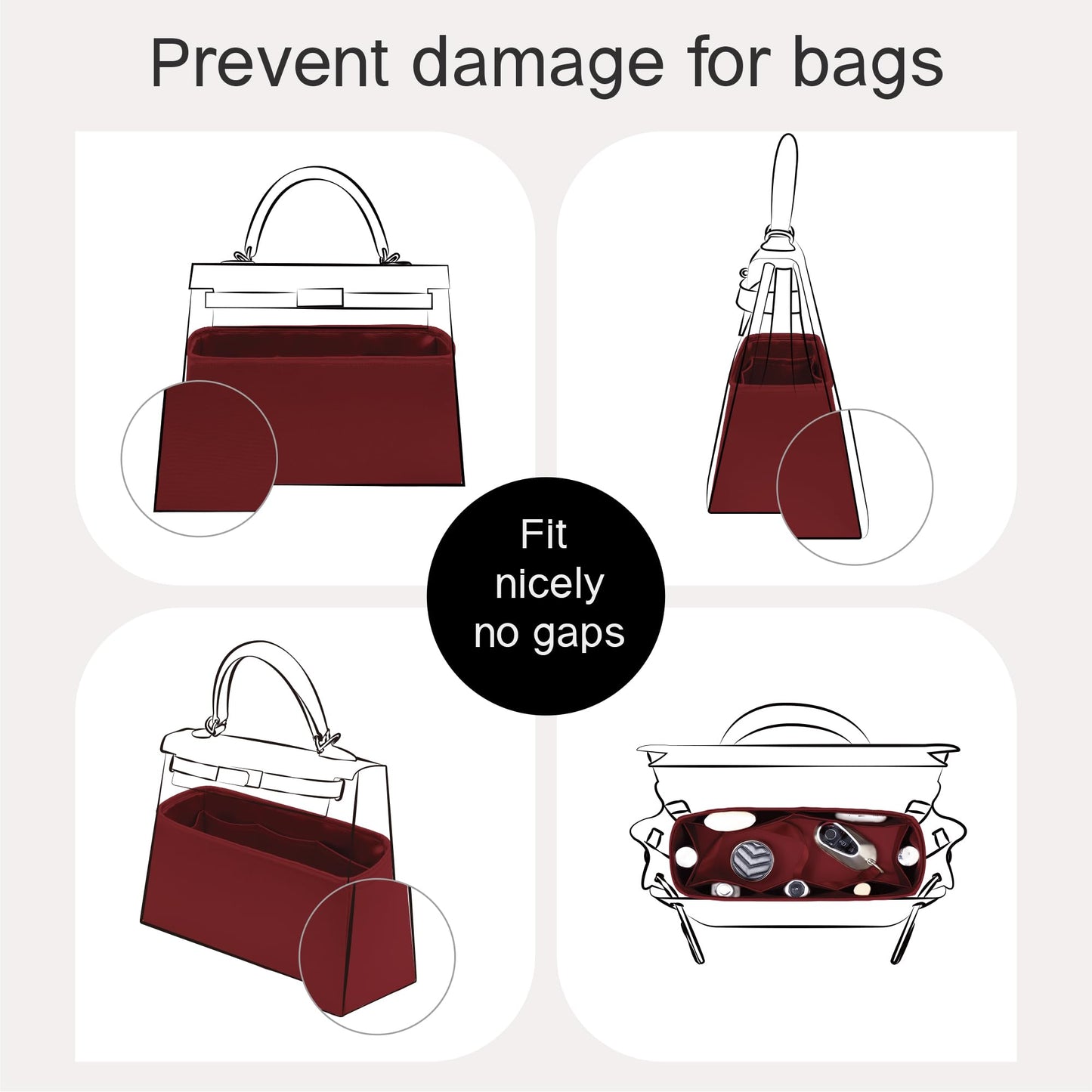 JLYZ Moon Fits for Kelly 25 Bag Insert,Premium Silk Purse Organizer Insert, Smooth Touch & Lightweight，Luxury Handbag Organizer with Gift Box Fits For Hermes(Kelly 25 Retourne,Rouge H)