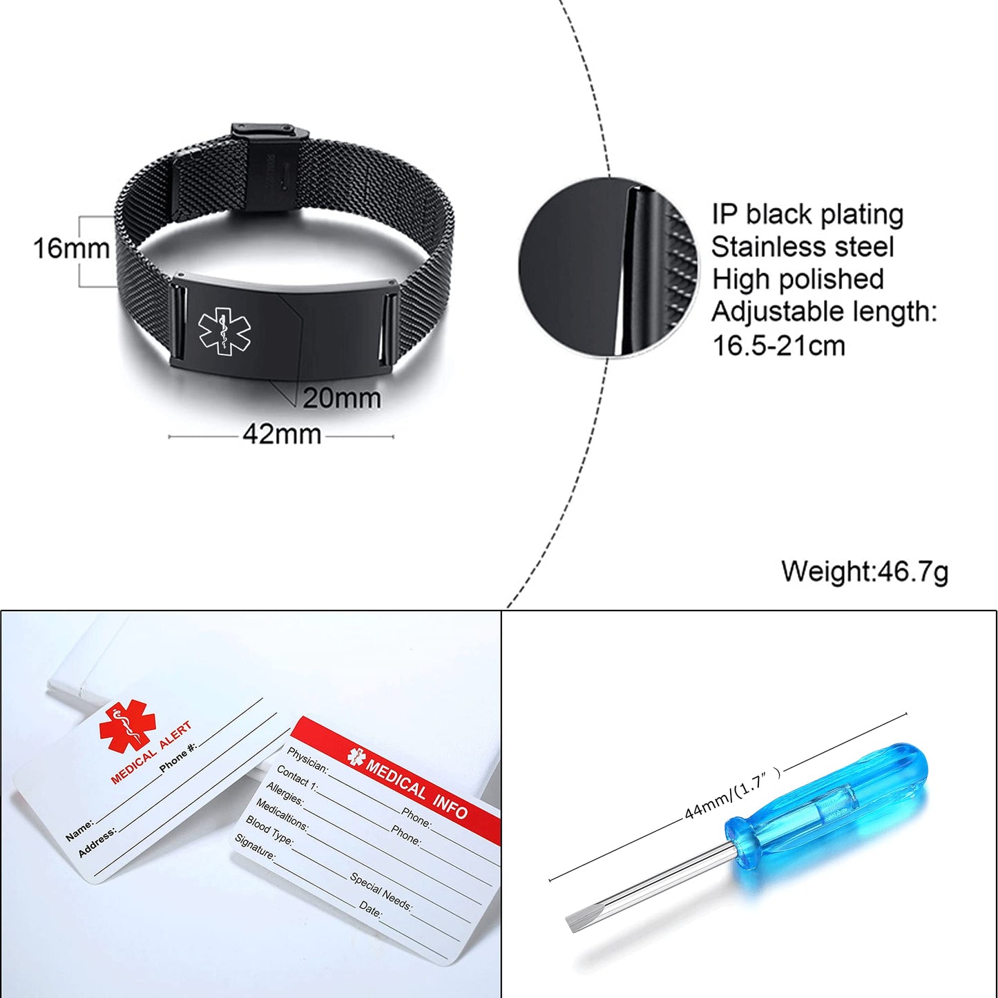 VNOX Width Medical Alert Bracelets for Men with Free Custom Engraving Adjustable Stainless Steel Mesh Emergency Medical ID Bracelets Wristband,Black