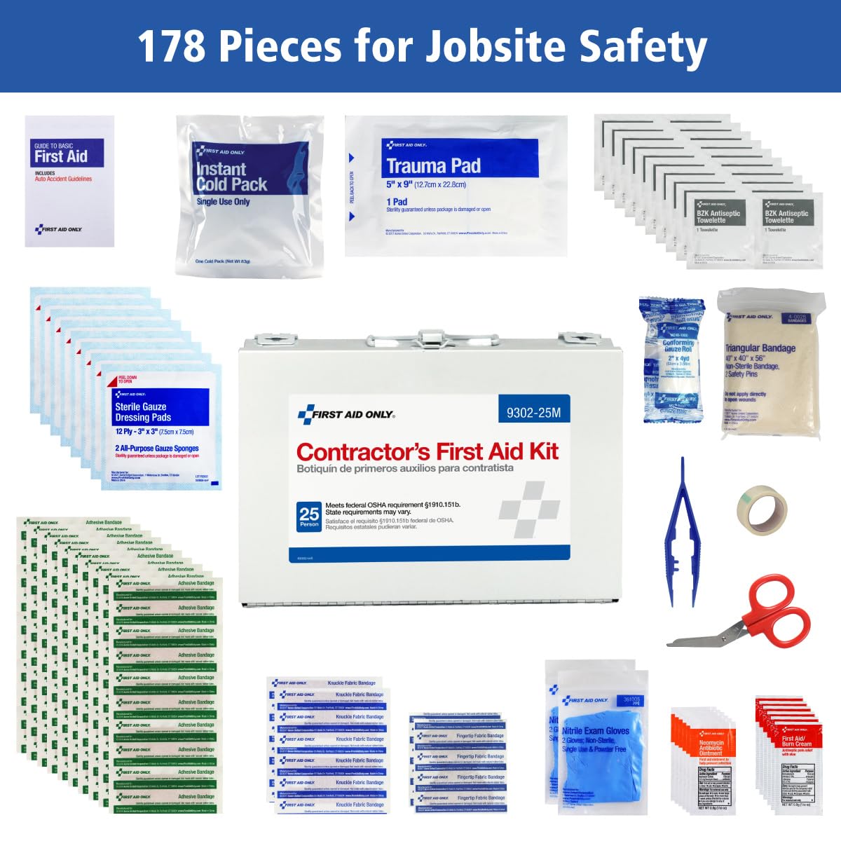 First Aid Only 9302-25M 25-Person Contractor's First Aid Kit for Home Renovation, Job Sites, and Construction Vehicles, 178 Pieces, White