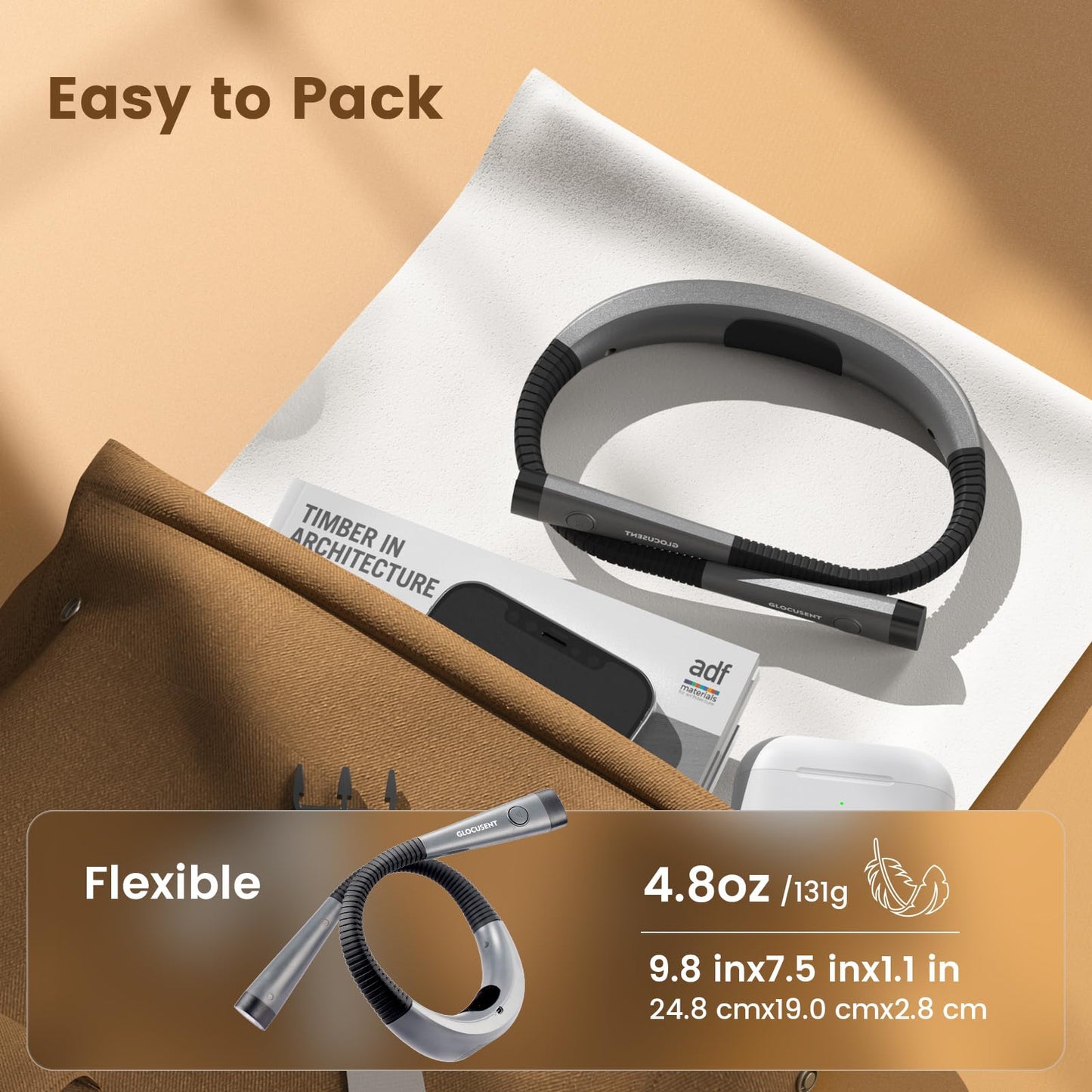 Glocusent Book Light with EVA Case, 3-Color & 6-Brightness Reading Light, Bendable Neck Light, Durable Rechargeable Lamp, Perfect Book Light for Reading in Bed, Knitting, Repairing, Book Lovers Gifts