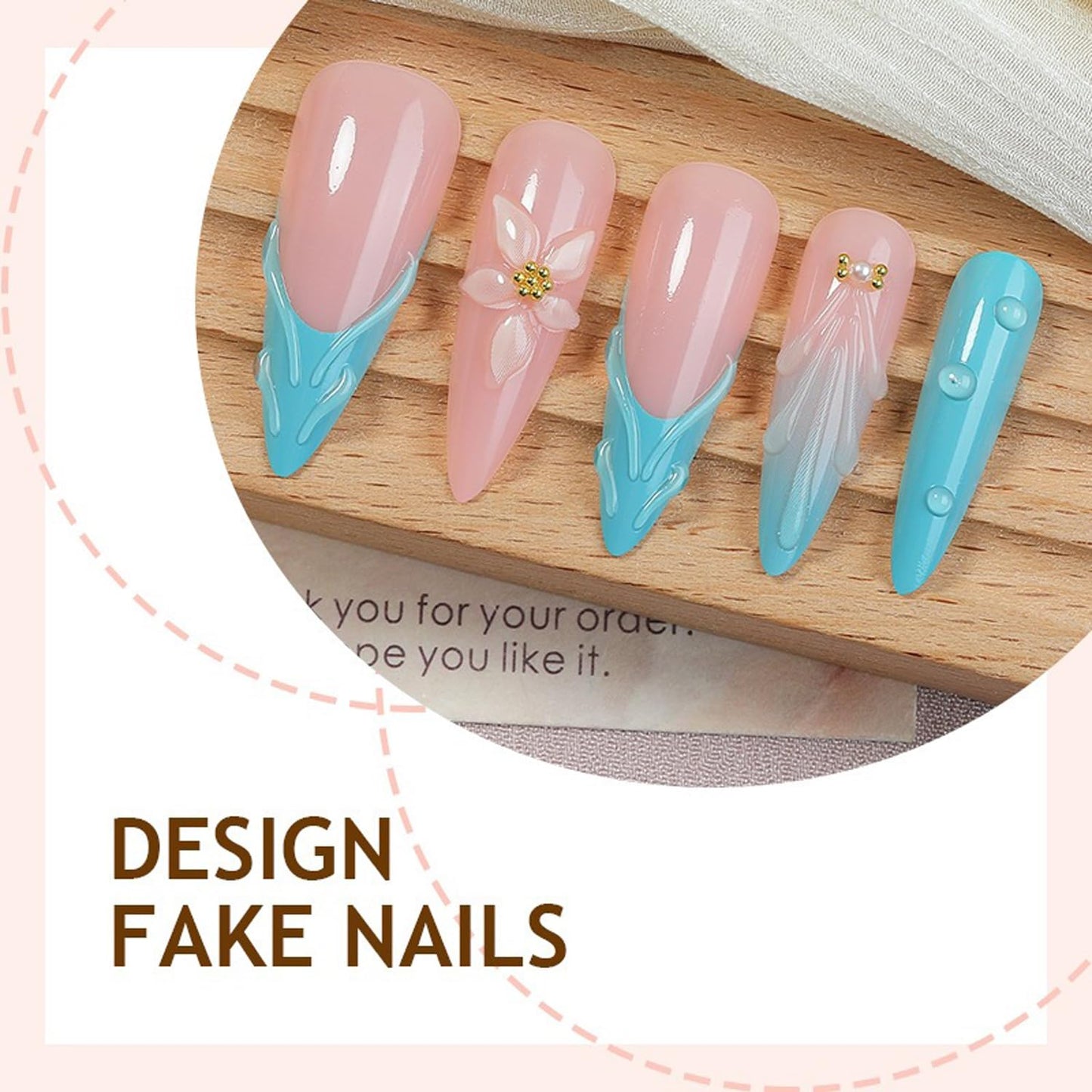 Long Stiletto Press On Nails French Tip Fake Nails Flower With 3D Wave Design Full Cover Blue Glue On Nail Reusable Acrylic Summer False Nails Glossy Artificial Stick On Nail For Women 24pcs