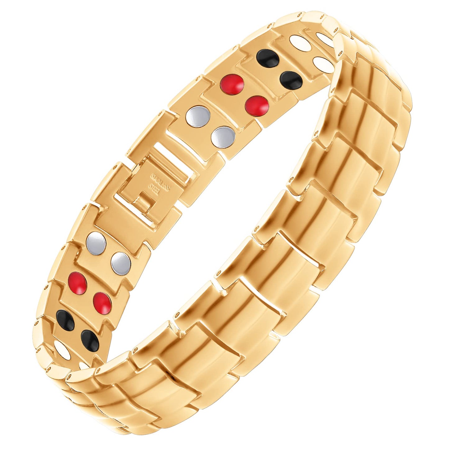 Feraco Mens Magnetic Therapy Bracelets Titanium Steel Bracelet with Double Row 4 Elements Magnets (Gold)