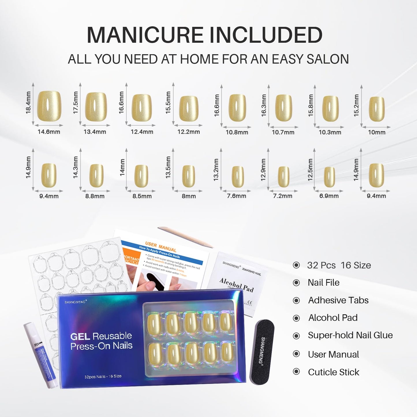 Pastel Yellow Press on Nails Short - SHANGMENG Soft Gel Spring Cat Eye Press on Nails Square for Women Gift, Glossy Glue on Nails in 16 Sizes - 32 Reusable Fake Nails Kit with Glue, Butter Cream
