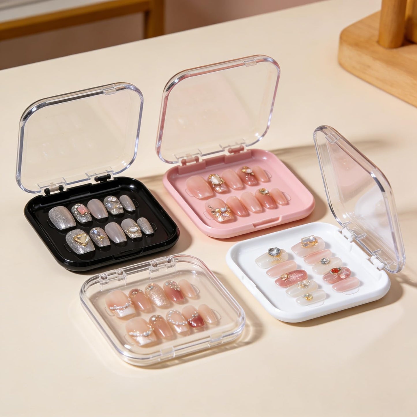 16PCS Press on Nail Storage Box 4 Colors Acrylic Organizer Nail Case Nail Display Case Nail Display Box Artificial False Nail Box with Double Sided Adhesive Nail Tape Suitable for Press on False Nail
