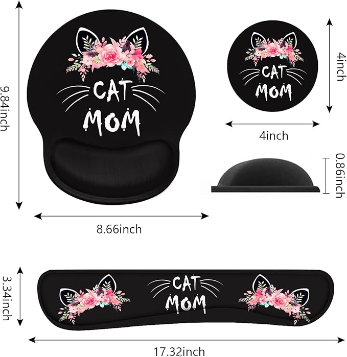 Keyboard Wrist Rest and Mouse Pad Wrist Support Set with Coasters, Non-Slip PU Base Ergonomic Gaming Mousepad for Home Office Working Studying Easy Typing & Pain Relief, Cat Mom Floral