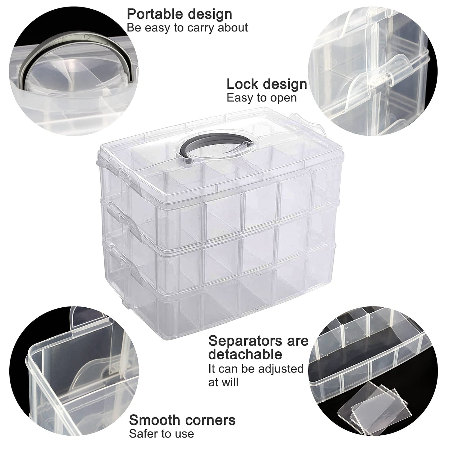 Guyuyii 3-Tier Stackable Bead Organizer with Adjustable Dividers - 30 Compartments Plastic Storage Box for Washi Tape, Lego Pieces, Rock Collection & Sewing Threads - Portable Craft Case with Handle