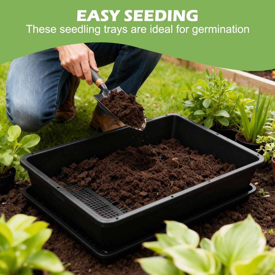 RooTrimmer 5 Pack Soil Blocking Trays(14"x12"x3"), Plastic Flat Plant Tray for Holding or Collecting Drainage Water, Elevated Microgreen Seed Starter Tray for Seed Germination (Black)