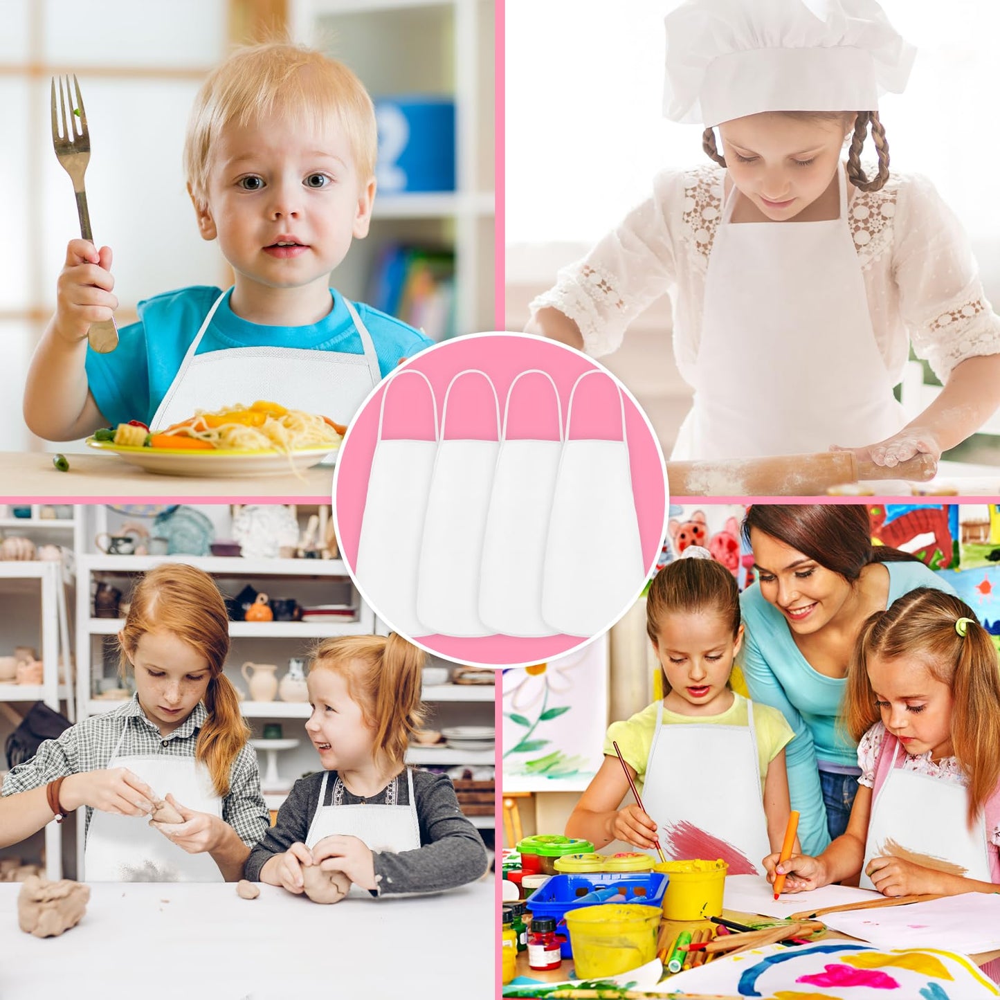 PLULON 30 Pcs Kids Painting Aprons, Kids Aprons for Painting White Art Apron Smocks Bulk for Art Activity Craft Home Kitchen Classroom Party Supplies
