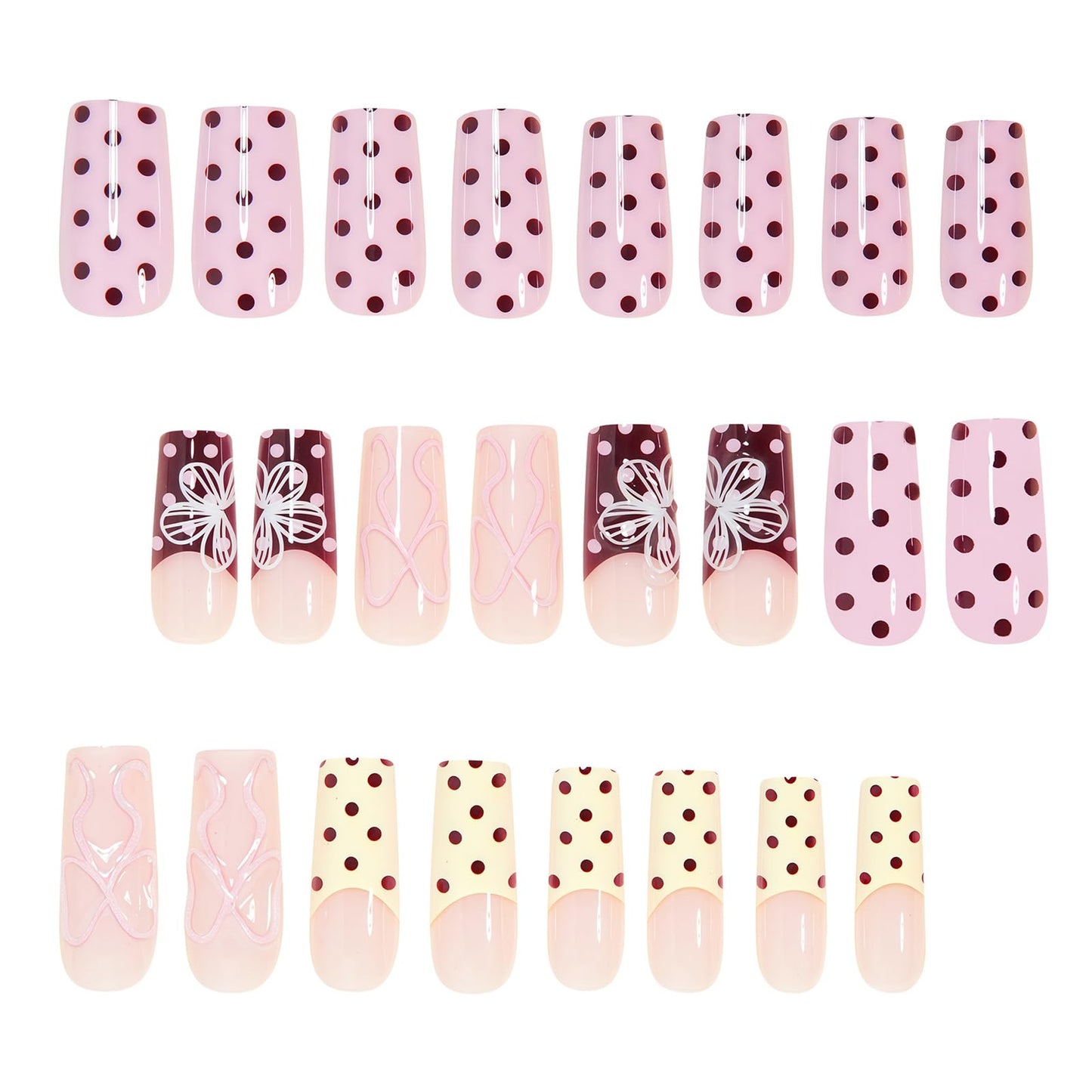 MISUD Press on Nails - Long Square Fake Nails with Pink Yellow, Acrylic Polka Dot Flower Bow Design 24 pcs