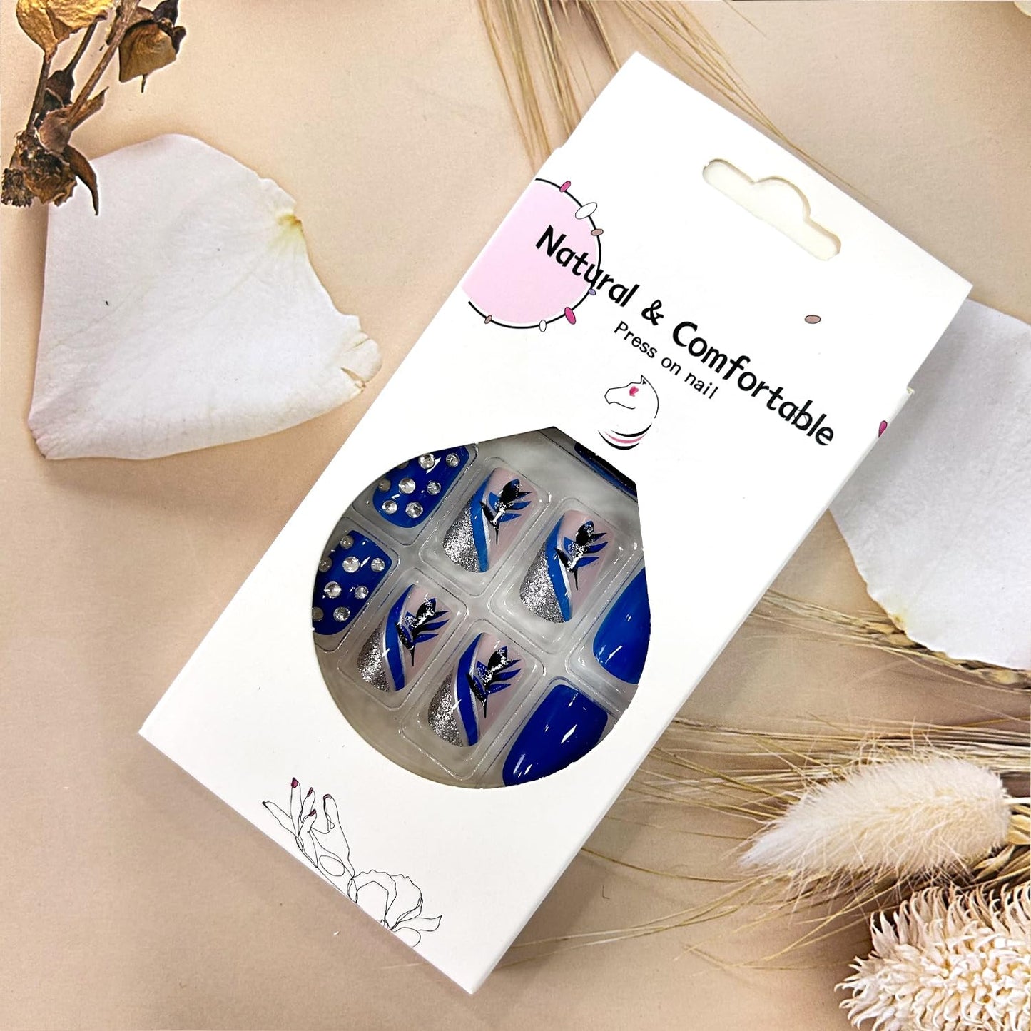 Blue Flower False Nails Rhinestones Fake Nails Silver Stripe Design French Stick on Nails Full Cover Artificial Coffin Nails Glitter Square Nails Press on Nails with Design Glue on Nails for Women