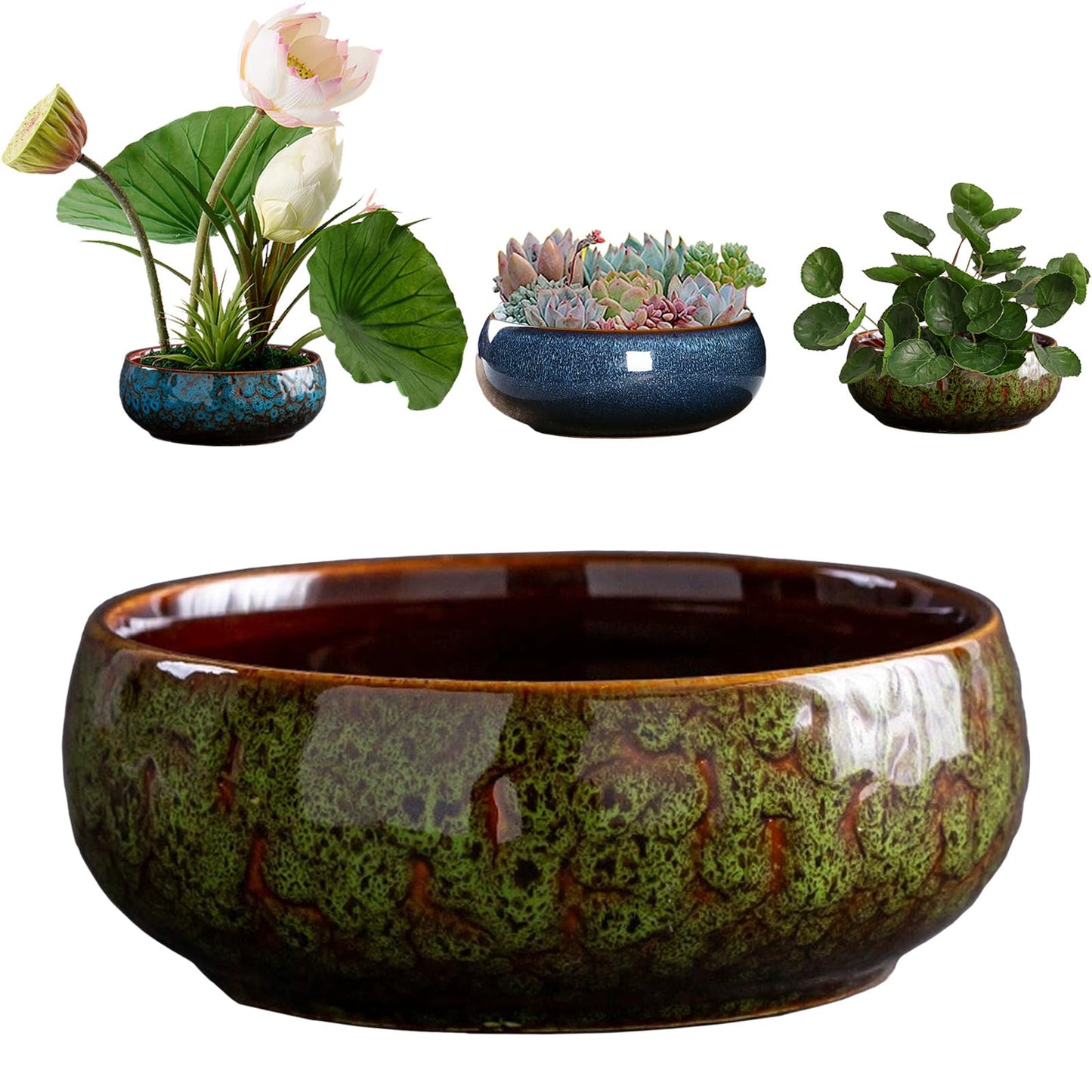 SnuggleTail Lotus Flower Bowl Planter 6.6" Round Pot– Ceramic Shallow Succulent & Water Lotus Pot – Wide Low Ceramic Bowl for Bonsai Indoor Decor