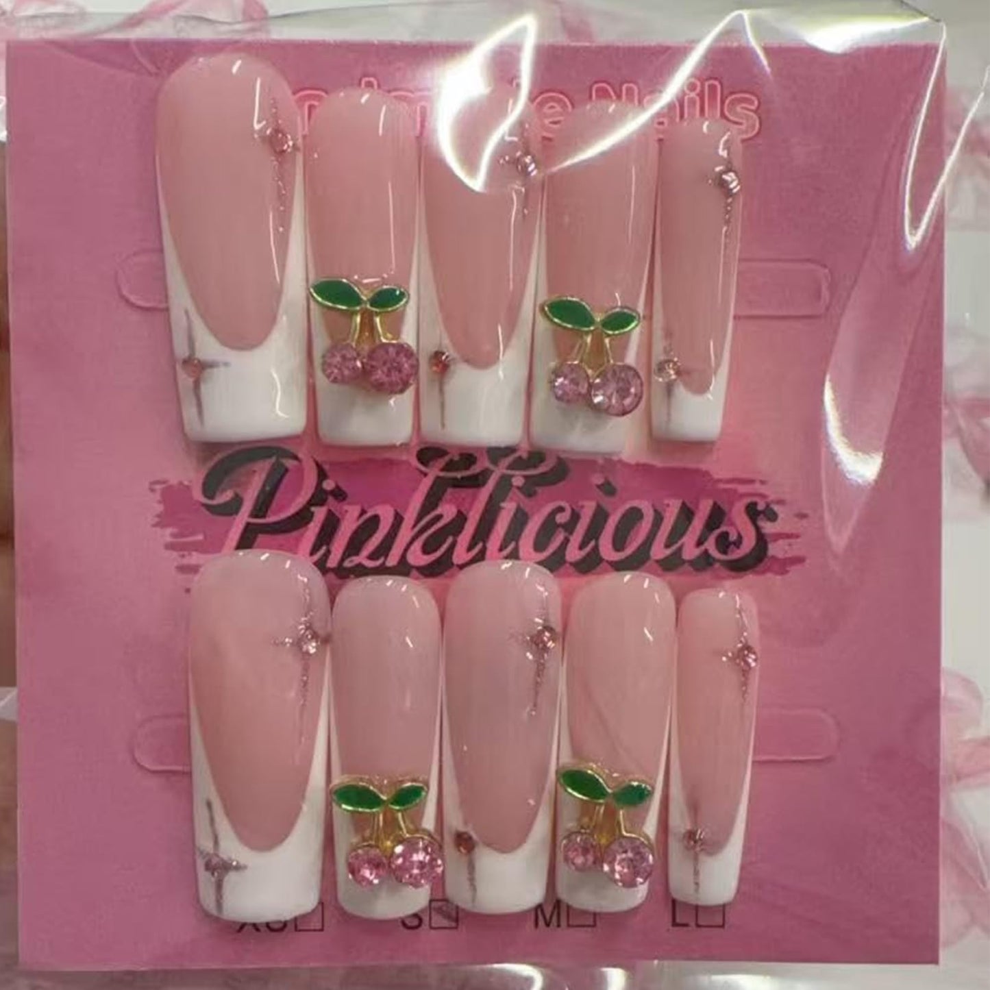 Pinktlicious Pink French Tip Press On Nails - Long Coffin Reusable False Nails with Cherry Rhinestones, Glue-On Artificial Nails for Women’s Daily & Party Manicure (L)