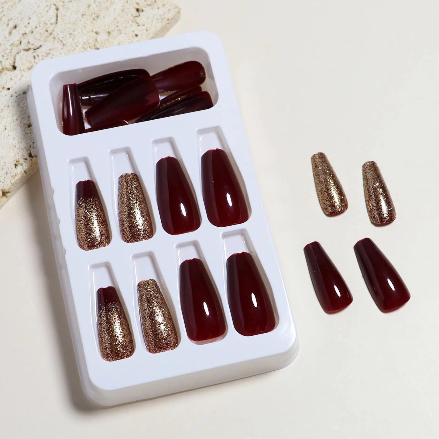 MISUD Press on Nails - Long Coffin Glue on Nails with Wine Red Burgundy, Acrylic Bling Gold Glitter Design 24 pcs