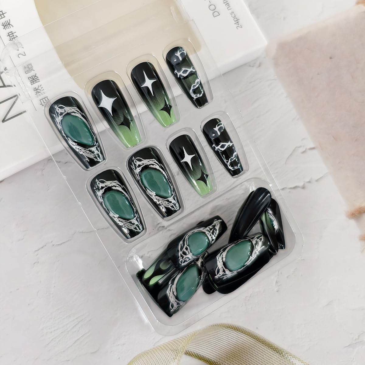24Pcs Gothic Press on Nails Medium Coffin Fake Nails 3D Y2K False Nail with Star Irregular Silver Designs Black Green Gradient Glue on Nails Silver Metal Nail Tips Full Cover Dark Stick on Nail Set