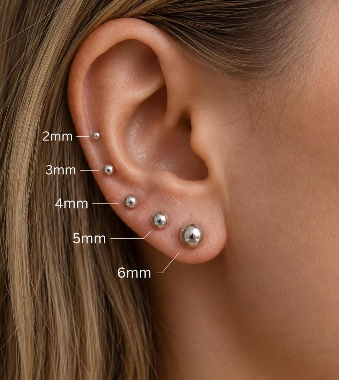 6 Pairs Stainless Steel Ball Stud Earrings Set for Women Men, Hypoallergenic Tiny Round Stud Earrings Multipack, 20G Small Silver Ball Earrings for Multiple Piercings Cartilage Earlobe, 2/3/4/5/6/8mm