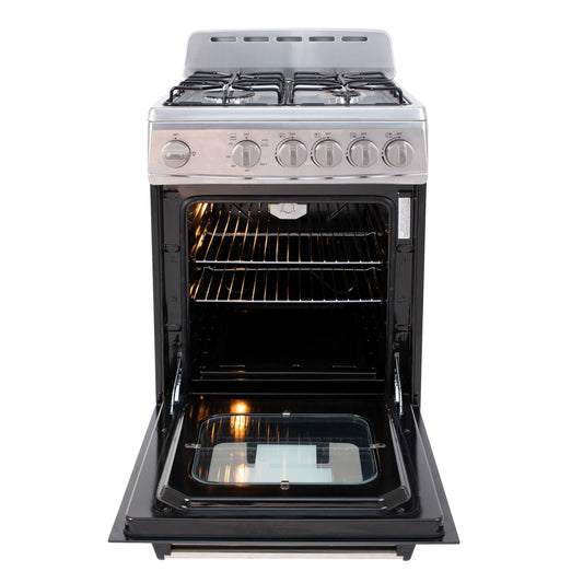 Avanti Gas Range Oven, Compact Freestanding Design, 4 Sealed Burners with Electronic Ignition, 2.1 Cu.Ft. Capacity Features Storage Drawer Broiler and Accessories, 20-Inch, Black