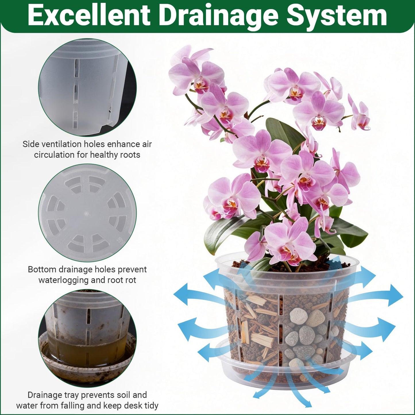 FDKYOEK 12 Pack Orchid Pots, 4/5/6 Inch Plastic Orchid Pots with Holes and Saucers, Clear Orchid Pot with Plant Stakes and Clips, Small Breathable Orchid Planter Nursery Pot for Repotting