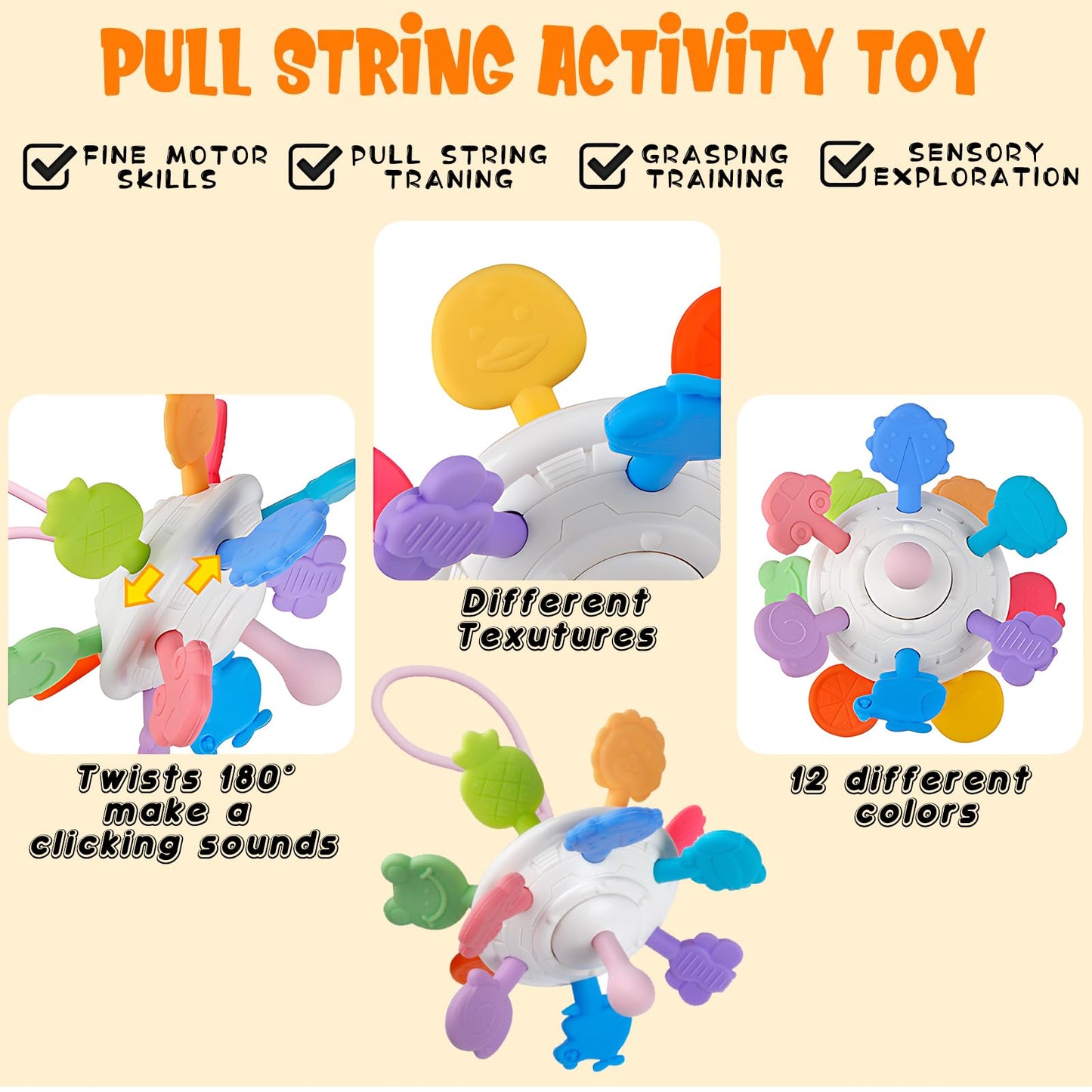 Plunack 6 in 1 Baby Toys 6 to 12 Months, Montessori Toy Infant Teething Babies Toy Stacking Blocks Rings Pull String Toy Sorter Sensory Bin