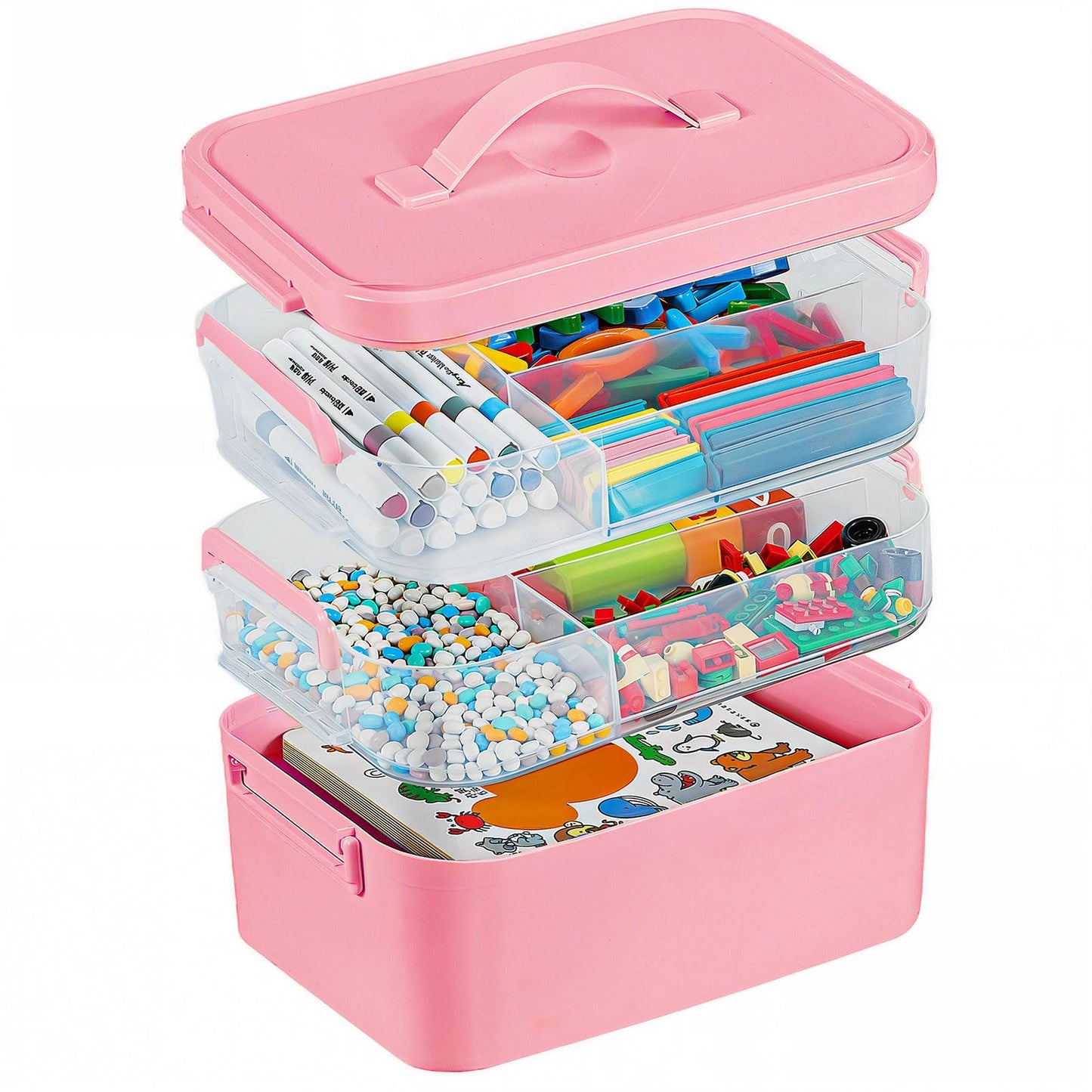 Gifhomfix 3-Layer Plastic Craft Organizers and Storage Box with Removable Trays, Storage Containers with lids and Handle, Art Supply Storage Organizer for Bead, Ornament, Nail Polish, Tape（Pink）