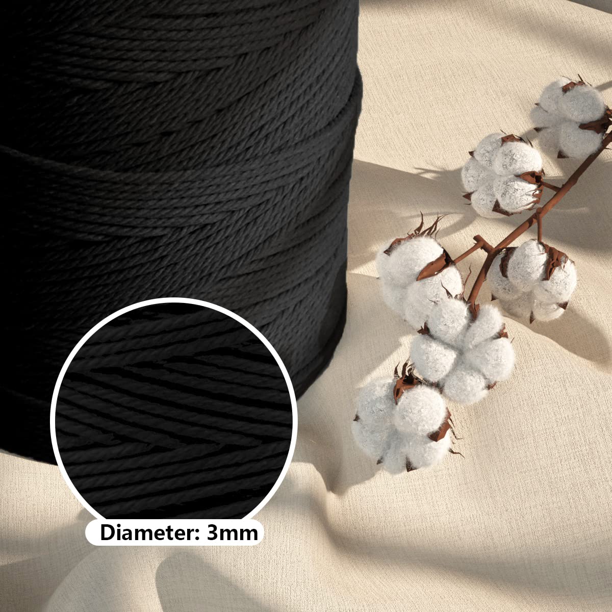 Macrame Cotton Cord 3mm x 547yds, ZUEXT Natural Handmade Black Braided Cords 4 Strands Knitted Rope String for Craft Wall Hanging Weaving Tapestry Dream Catchers Hanger DIY Gift (500m)