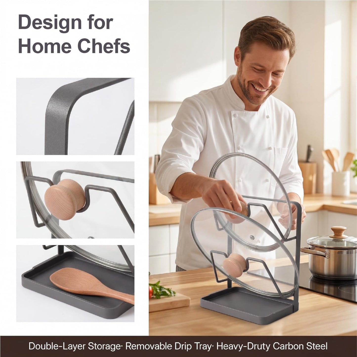 Space-Saving Carbon Steel Pot Lid Holder While Cooking, Double-Layer Kitchen Pot Lid Storage Rack with Removable Drip Tray, Spoon Rest for Ladle, Spatula & Pan Cover(Dark Grey)