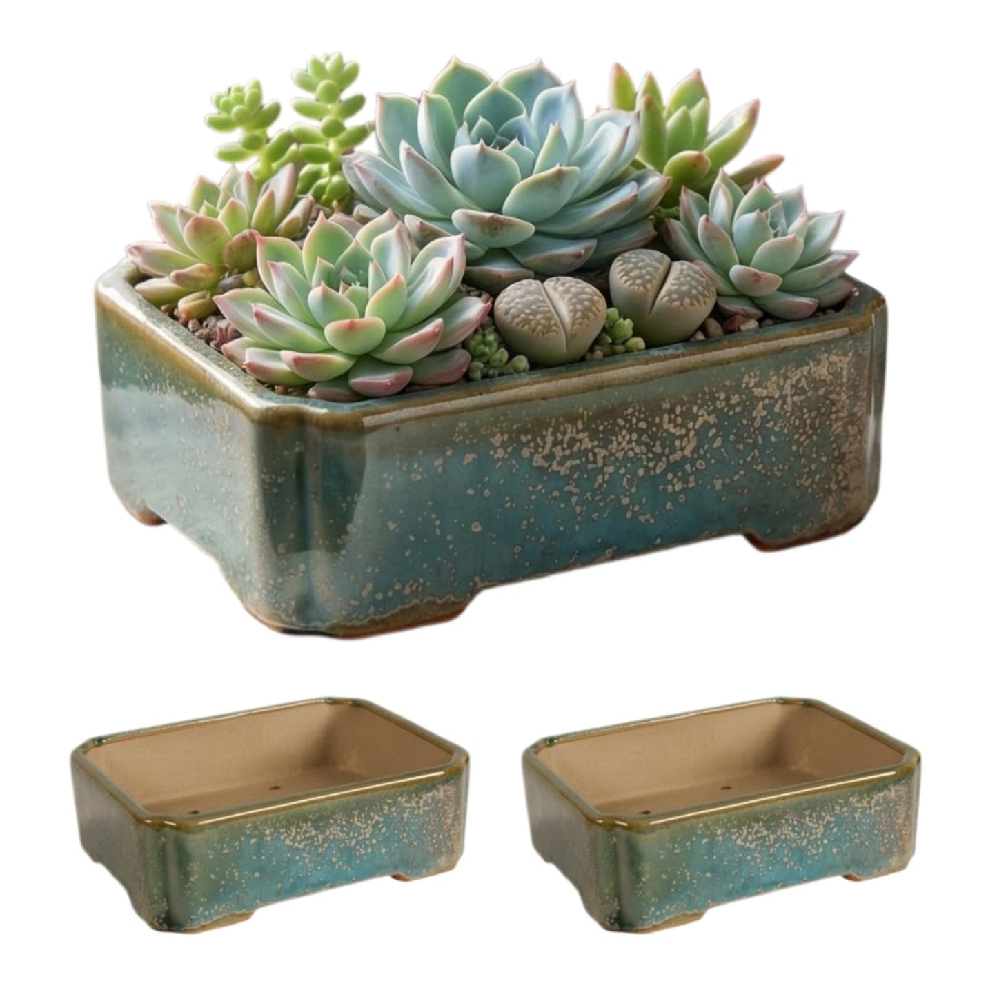 krayce Serenya Ceramic Bonsai Pot Set - 6.3" Rectangular Planter with Drainage Tray, Handmade Kiln-Glazed, Indoor/Outdoor for Succulents, Herbs, Bonsai | Unique Gift for Plant Lovers