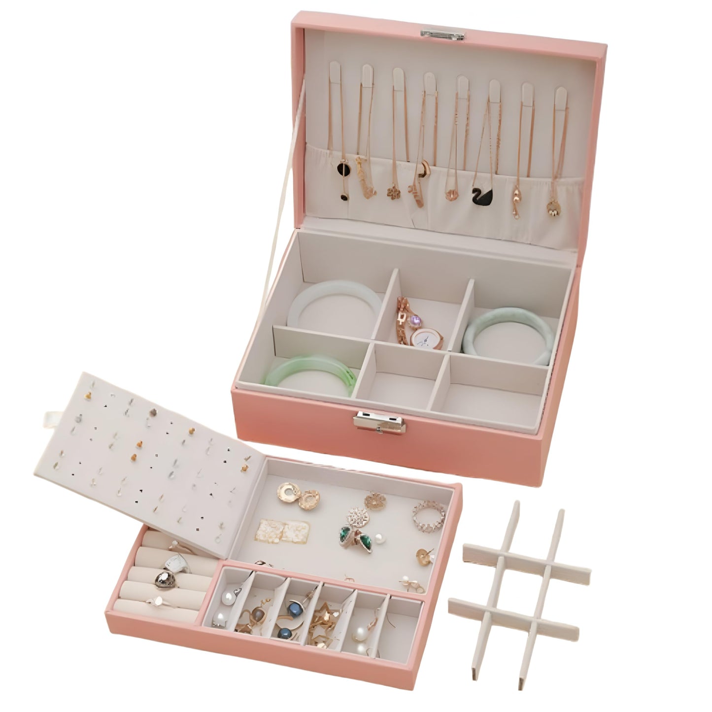 NOSCOMP Faux Leather Organizer Box, Jewellery Organiser, Storage Bag For Necklace: Earrings: Rings: Bracelet, Portable Storage Box Case With Dividers (Pink)