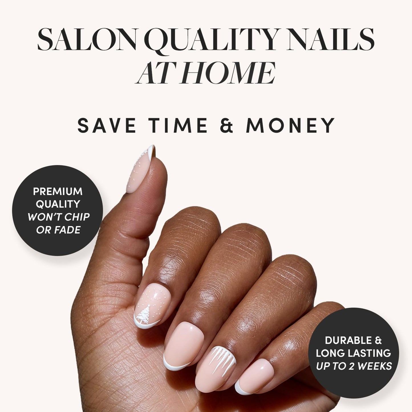 Glamnetic Press On Nails – Winter’s Tale | Short Oval Fake Nails with White French Tips, 3D Tree & Snow Design, Glossy Finish, Salon Quality Winter Nails | 15 Sizes, 30 Nail Kit with Glue