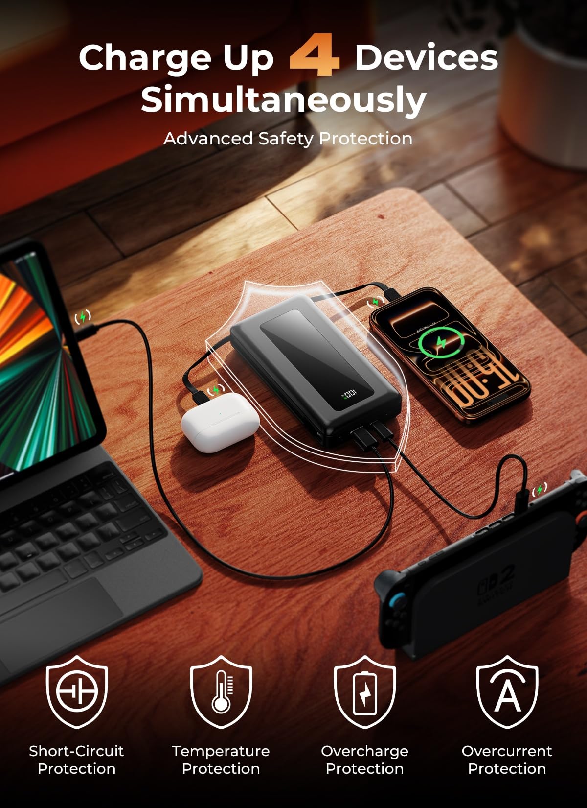 JKELAR Power Bank, 50000mAh Portable Charger, Travel Camping Essential Battery Pack with Built-in Cables, PD 22.5W Fast Charging, Large Capacity Portable Phone Charger, Jet Black