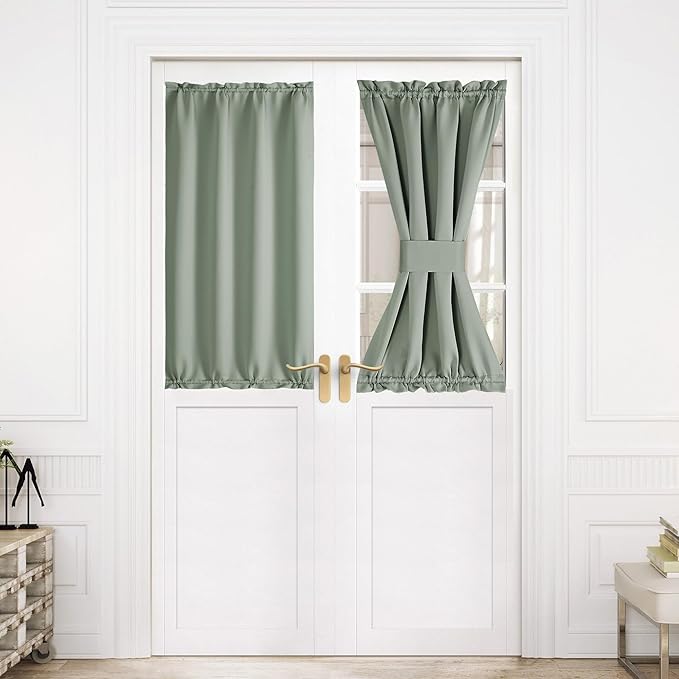 NICETOWN French Door Curtain for Door Window, Rod Pocket Thermal Short Curtain for Glass Patio Kitchen Christmas Window, 30 X 40 Inches Long, 1 Panel with Tieback, Greish Green