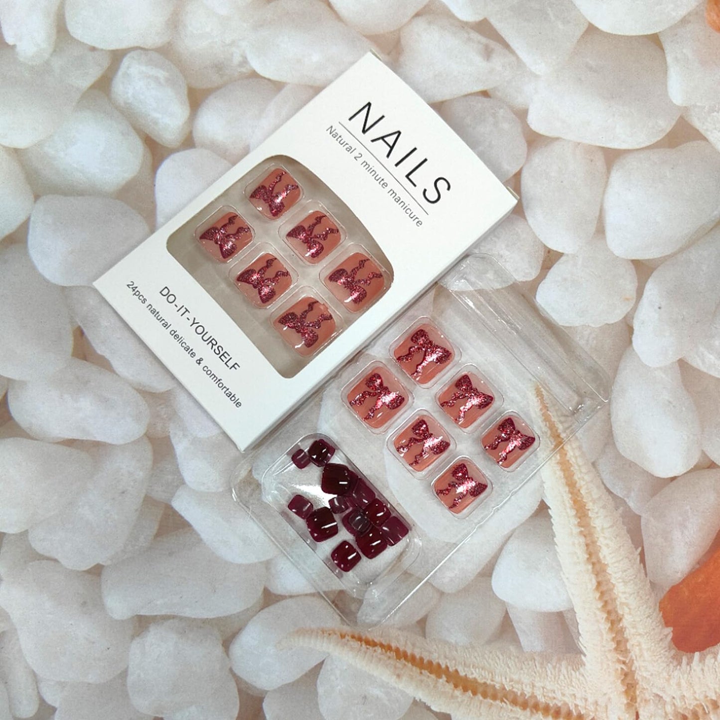 Wine Red Press on Toenails Short Square Fake Toe Nails with Glitter Bow Design Cute False Toenails Reusable Glue on Nails Dark Red Glossy Acrylic False Toenails for Coquette Women 24Pcs