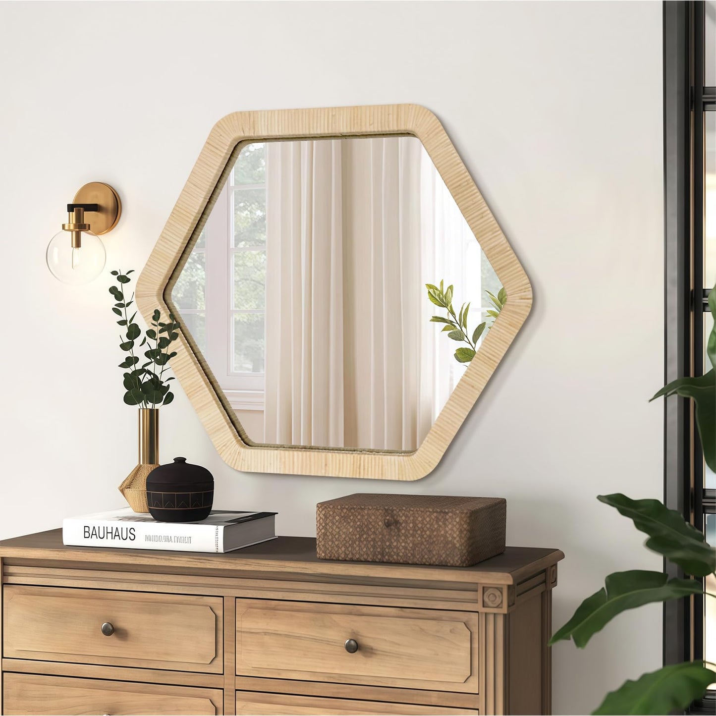 ULIKE Rattan Wicker Mirror for Wall,Boho Woven Bathroom 30 Inch Rustic Farmhouse Wall Decor with Handmade Rattan Frame, Boho Mirror for Nursery Bedroom Living Room Entryway