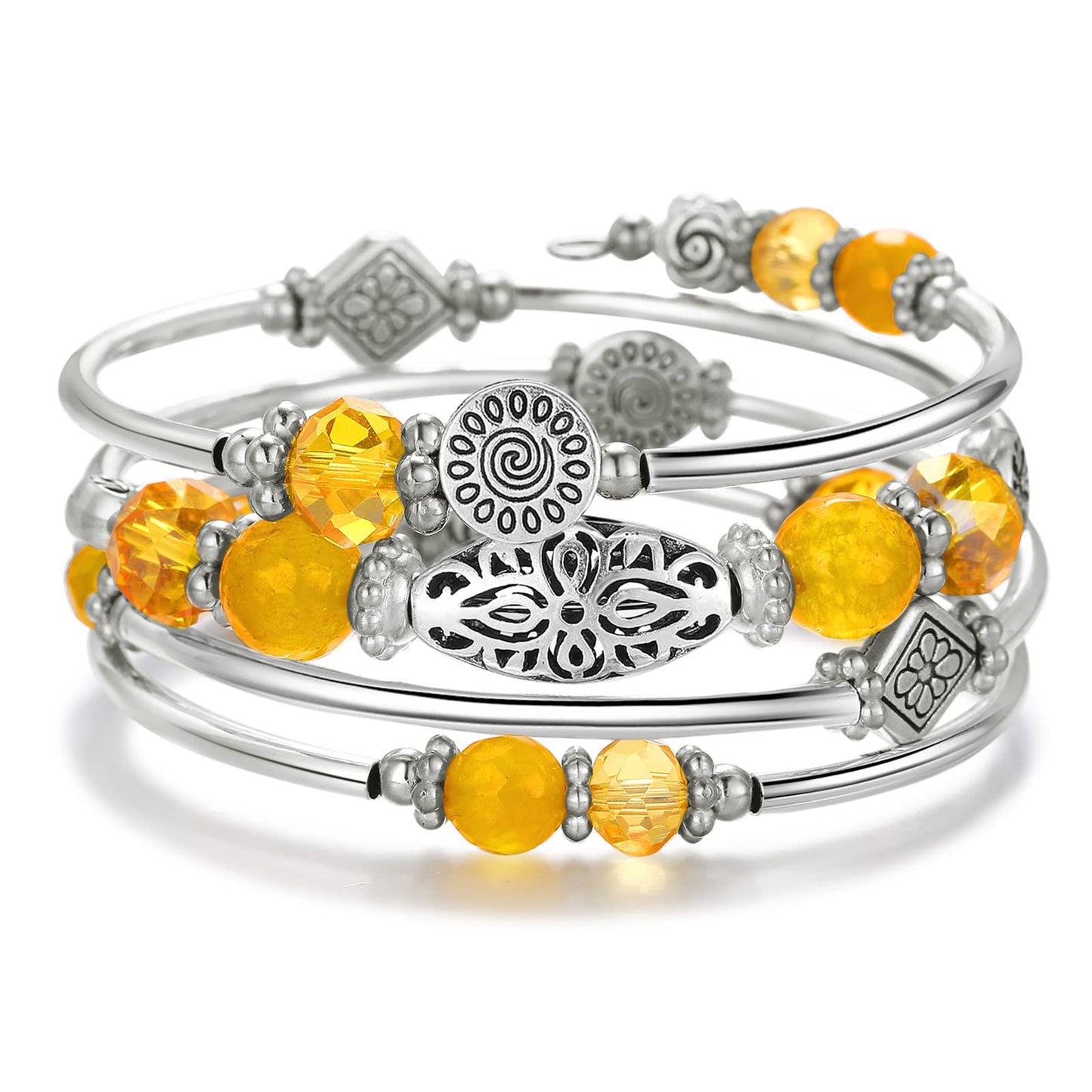 FULU AUTUMN Stackable Beaded Bracelets for Women Boho Wrap Silver Bracelet Layered Fashion Jewelry Gifts for Her(Yellow)